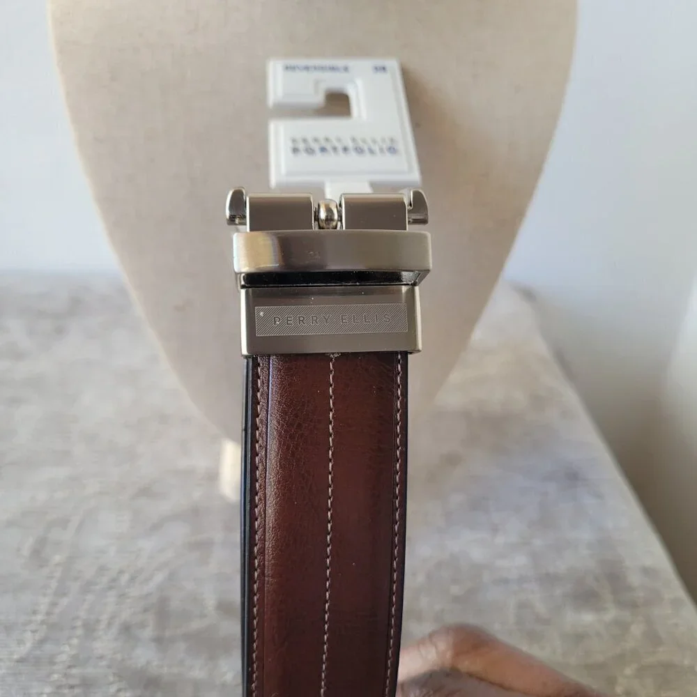 NWT – Perry Ellis Men’s Portfolio Reversible Leather Dress Belt (Size: 38)